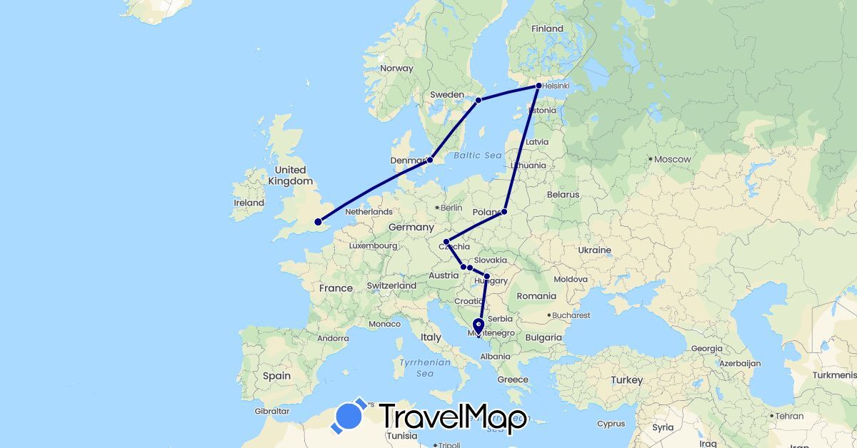 TravelMap itinerary: driving in Austria, Czech Republic, Denmark, Finland, United Kingdom, Croatia, Hungary, Poland, Sweden, Slovakia (Europe)